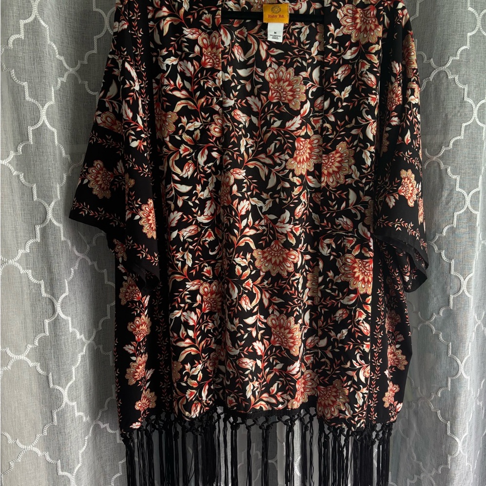Ruby Rd. Black and Red Floral Kimono